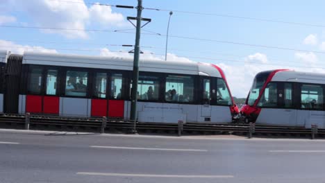 A-tram-traverses-over-the-Galata-Bridge-in-Istanbul,-Turkey