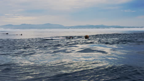 Zeitlupenansicht-Eines-Surfers-Im-Wasser,-Der-Bei-Cloudbreak-Fiji-Ein-Surfbrett-Hält-Und-Sich-Umdreht,-Um-Hinauszupaddeln