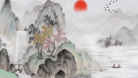 Mysterious-landscape-China's-traditional-Oriental-Digital-Art-animation,-Chinese-retro-painting-ink-misty-mountain-with-flowers,-tree,-birds,-river-in-fog-background