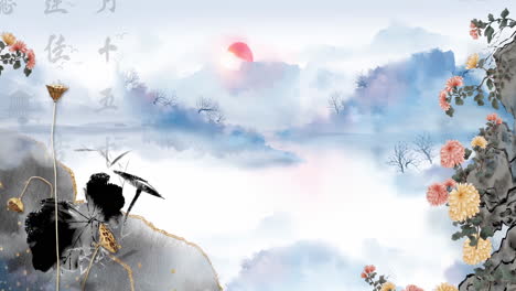 Fantasy-Digital-art-ancient-landscape-Painting-Traditional-Poetry-recitation-Chinese-style-ink-background,-Mysterious-landscape-China's-traditional-Oriental-Digital-Art-animation