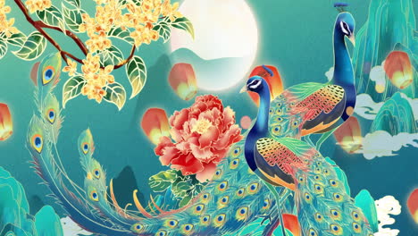 Peaceful-nature-Traditional-National-trend-gilded-osmanthus-peacock-blue-mountain-watercolor-digital-painting-of-trees,-mountains,-flowers,-lake,-water,-birds,-blue-sky,-boat,-cherry-blossoms-season