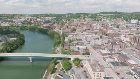 Downtown-Morgantown,-West-Virginia-with-drone-video-moving-right-to-left