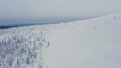 Aerial-view-rising-over-the-snowy-Luosto-fell,-dark-winter-day,-in-Lapland