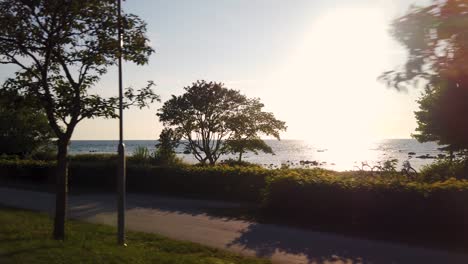 Sunset-over-Baltic-Sea,-POV-from-car-behind-trees-at-Gotland,-Sweden