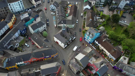 Aerial-View-of-Kinsale-Museum-Building-and-Downtown-Streets,-Ireland