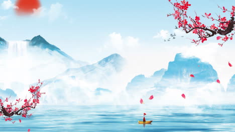 Friedliche-Natur-Im-Traditionellen-Chinesischen-Stil,-Pflaumenblütenblätter,-Tusche-Landschaftsanimation,-Schöner-Morgenhimmel,-Berge,-Blumen,-See,-Altes-Haus-Im-Japanischen-Anime-Aquarell-Stil