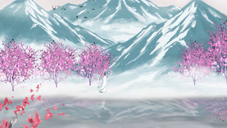 Peaceful-nature-Traditional-Chinese-solar-term-landscape-poetry-recitation-ink-Painting-of-beautiful-calm-trees,-mountains,-flowers,-lake,-water,-birds,-blue-sky,-boat,-cherry-blossoms-season