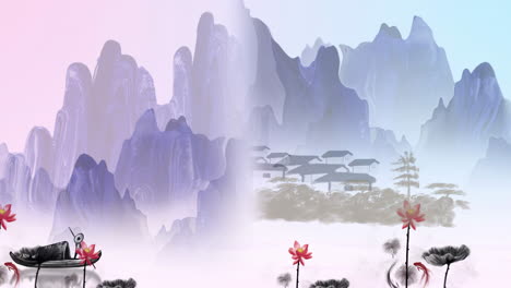 Peaceful-nature-Traditional-Chinese-style-ink-mountain-landscape-with-lake-lotus-pond-and-cloud-fog-background,-Mysterious-template-China's-culture-Oriental-Digital-Art-animation