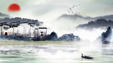 Fantasy-bright-ambience-landscape-of-beautiful-morning-sky,-mountains,-flowers,-lake,-ancient-house-with-simple-animation-in-Japanese-Chinese-anime-watercolour-style