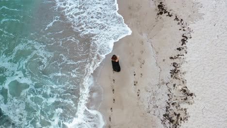 Girl-in-black-dress-holding-wine-glass-walking-on-the-beach-with-waves-in-her-legs