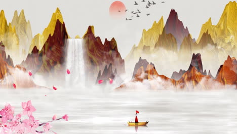 Fantasy-bright-ambience-landscape-plum-blossom-ink-painting-of-beautiful-morning-sky,-mountains,-flowers,-lake,-ancient-house-with-simple-animation-in-Japanese-Chinese-anime-watercolour-style