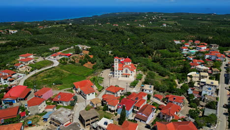 Aerial-View-Of-Church-Near-Chlemoutsi-Castle-In-Kastro,-Elis,-Peloponnese,-Greece