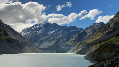 Panorama-of-Hooker-Lake,-New-Zealand-formed-by-melting-of-Hooker-Glacier-beneath-Mont-Cook-or-Aoraki