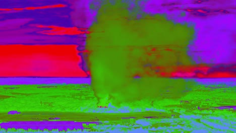 Infrared-Thermal-Detection-Of-Smoke-Rising-From-Building-Burnt-By-Fire-In-Cheshunt,-Hertfordshire,-UK