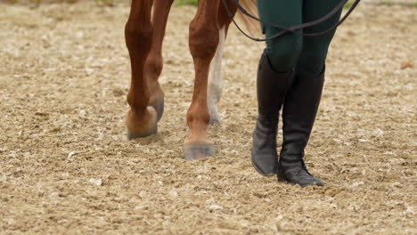 Close-up-of-a-person-leading-a-horse,-focusing-on-their-boots-and-the-horse's-hooves-as-they-walk-through-a-sandy-arena