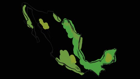 Mapa-Animado-De-México-Autodibujado-En-Arte-Lineal,-Líneas-Que-Forman-El-Contorno-Del-Mapa-Contra-Un-Fondo-Negro-Con-Superposición-En-Modo-De-Canal-Alfa,-Esta-Animación-Representa-El-Orgullo-Y-La-Identidad-Nacionales