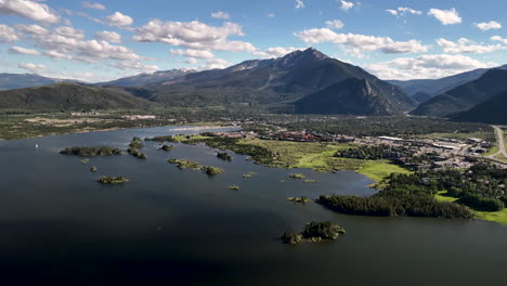 Aerial-over-Dillon-Reservoir,-town-of-Frisco-and-Tenmile-peak-in-Summit-County