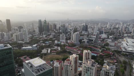 Aerial-wide-view-of-the-Punta-Pacifica-Neighborhood-in-Panama-city-cityscape-at-sunrise