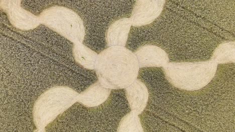 Salisbury-five-semi-circle-star-crop-formation-aerial-rising-view-near-stone-henge-sightseeing-point