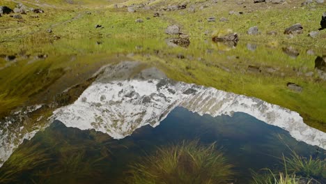 Snowcapped-Mountains-Reflecting-Close-Up,-High-Altitude-Lake-Reflection-of-Himalayas-Mountains-in-Calm-Still-Water-on-Popular-Trekking-and-Hiking-Route-of-Annapurna-Circuit-in-Nepal