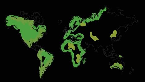 Mapa-Del-Mundo-Animado-En-2D-Con-Dibujo-Propio-En-Línea-Verde,-Con-Líneas-Que-Forman-Y-Llenan-El-Mapa-Contra-Un-Fondo-Negro