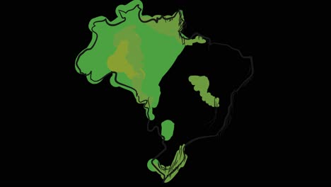 Mapa-Animado-De-Brasil-Dibujado-A-Mano-En-Arte-Lineal,-Líneas-Que-Forman-El-Contorno-Del-Mapa-Contra-Un-Fondo-Negro-Con-Superposición-En-Modo-De-Canal-Alfa;-Esta-Animación-Representa-El-Orgullo-Y-La-Identidad-Nacionales