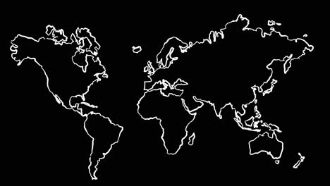 Mapa-Del-Mundo-Animado-En-2D-Con-Dibujo-Propio-En-Arte-Lineal,-Con-Líneas-Blancas-Que-Forman-El-Contorno-Del-Mapa-Sobre-Un-Fondo-Negro