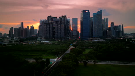 Skyline,-vibrant-colours,-bustling-living-nighttime-city-mosaic,-aerial