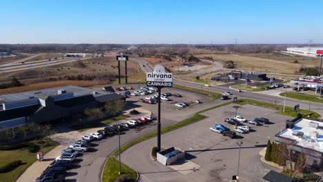 Aerial-view-of-Multiple-cannabis-or-marijuana-dispensary-in-USA,-legal-sale-of-weed