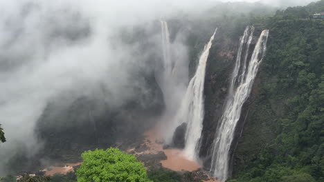 Panoramic-view-of-magnificent-Jog-Falls-on-foggy-day,-India