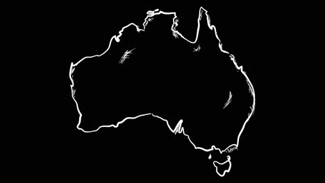 Animierte,-Selbstzeichnende-Strichzeichnung-Einer-Karte-Australiens,-Linien-Bilden-Den-Umriss-Der-Karte-Vor-Einem-Schwarzen-Hintergrund-Im-Alphakanal-Modus-Overlay.-Diese-Animation-Repräsentiert-Nationalstolz-Und-Identität