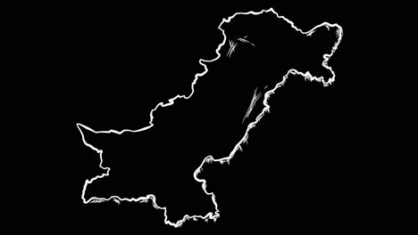 Animated-self-drawing-Pakistan-map-out-line-art,-lines-forming-the-map-outline-against-a-black-background-alpha-channel-mode-overlay,-this-animation-represents-national-pride-and-identity