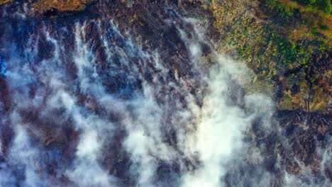 Top-down-drone-shot-above-burnt-nature,-smoke-rising-from-smoldering-forest