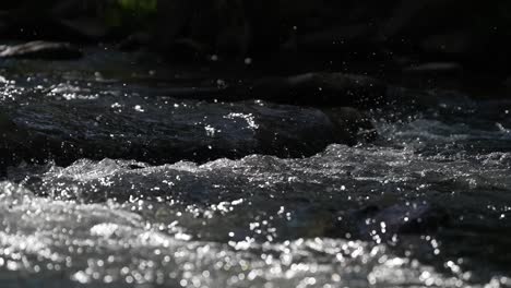 Slow-motion-left-to-right-pan-of-a-fast-flowing-rocky-stream