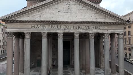 Aerial-Close-up-view-of-the-Pantheon-in-Rome-Italy,-roman-facade-of-columns