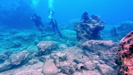 Scuba-diver-on-the-ground-of-the-ocean,-exploring-the-corals-and-fish-with-oxygen,-slow-motion-with-copy-space