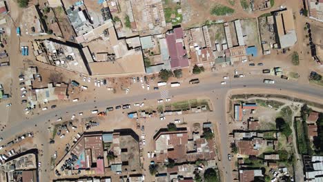 Busy-streets-of-African-town-Loitokitok,-Kenya,-aerial-top-down