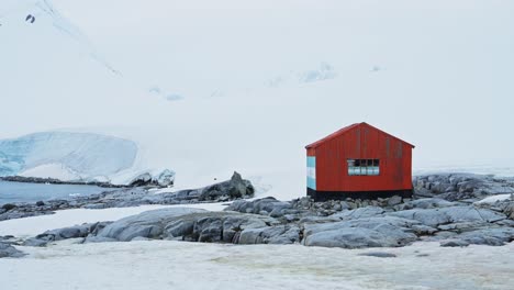 Antarctic-Hut-in-Antarctica-at-Damoy-Point,-Old-Red-Shelter-Building-Surrounded-by-Snow-and-Ice-and-Icy-Winter-Landscape-Scenery-on-the-Antarctic-Peninsula