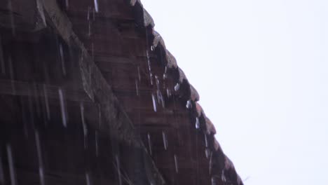 Gotas-De-Lluvia-Cayendo-Desde-El-Tejado,-Primer-Plano