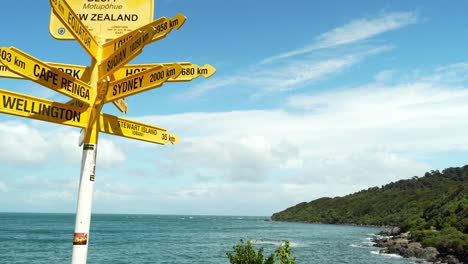 Famous-yellow-waypoint-post-at-Tiwai-point-in-Bluff-in-New-Zealand-on-a-sunny-day