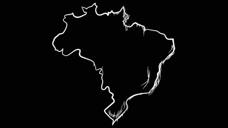 Dibujo-Animado-De-Un-Mapa-De-Brasil-Con-Líneas-Dibujadas-A-Mano,-Líneas-Que-Forman-El-Contorno-Del-Mapa-Contra-Un-Fondo-Negro,-Superposición-En-Modo-De-Canal-Alfa,-Esta-Animación-Representa-El-Orgullo-Y-La-Identidad-Nacionales