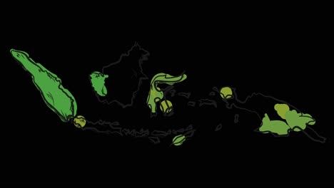 Mapa-Animado-De-Indonesia-Dibujado-A-Mano-En-Arte-Lineal,-Líneas-Que-Forman-El-Contorno-Del-Mapa-Contra-Un-Fondo-Negro,-Superposición-En-Modo-De-Canal-Alfa,-Esta-Animación-Representa-El-Orgullo-Y-La-Identidad-Nacionales