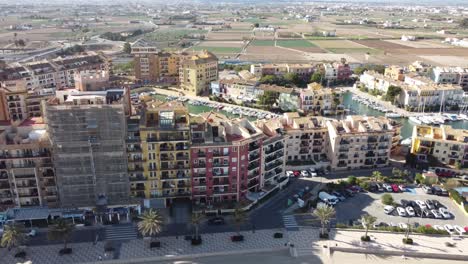 Seaside-residential-buildings-Alboraya-Valencia-Spain,-aerial-Mediterranean-coastline