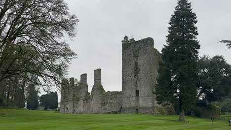 Rustikale-Steinmauer-Der-Burgruine-Castlemartyr-Unter-Grau-Bewölktem-Himmel