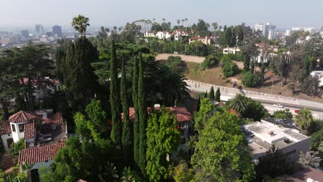 Plataforma-Aérea-Sobre-Casas-En-Los-Ángeles,-California,-Pasando-Por-árboles-Tropicales-Para-Revelar-Autos-Que-Corren-Por-La-Autopista-Debajo