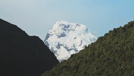 Snowcapped-Mountain-Top-Over-Forest-of-Trees,-Dramatic-Snowy-Mountain-Summit-over-Green-Himalayas-Foothills-Scenery-in-Nepal,-Beautiful-Views-on-Annapurna-Circuit-Trek-Trekking-and-Hiking-in-Nepal