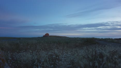 grass-landscape-with-stone-house-in-the-distance-at-blue-hour