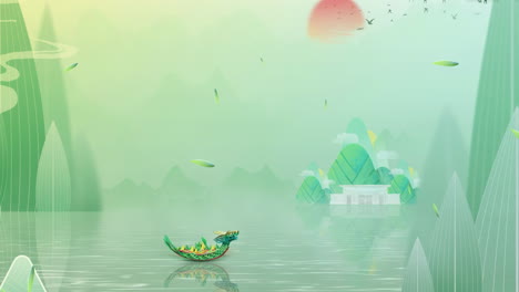 Peaceful-Fantasy-Chinese-style-traditional-festival-Dragon-Boat-Festival-watercolor-background,-of-beautiful-morning-sky,-mountains,-flowers,-lake,-ancient-house-with-simple-animation-anime-style