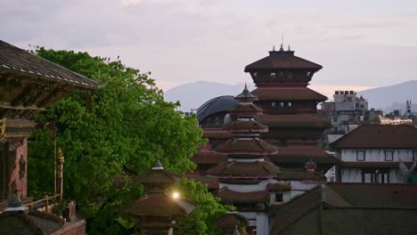 Kathmandu-Buildings-at-Sunset-in-Nepal,-Famous-Iconic-Durbar-Square-Temple-and-Beautiful-Old-Historic-City-Centre-Architecture-in-the-Popular-Travel-Destination-and-Tourist-Landmark