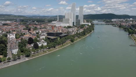 4K-Drone-Video-of-Modern-Buildings-near-the-Rhine-River-in-Basel,-Switzerland